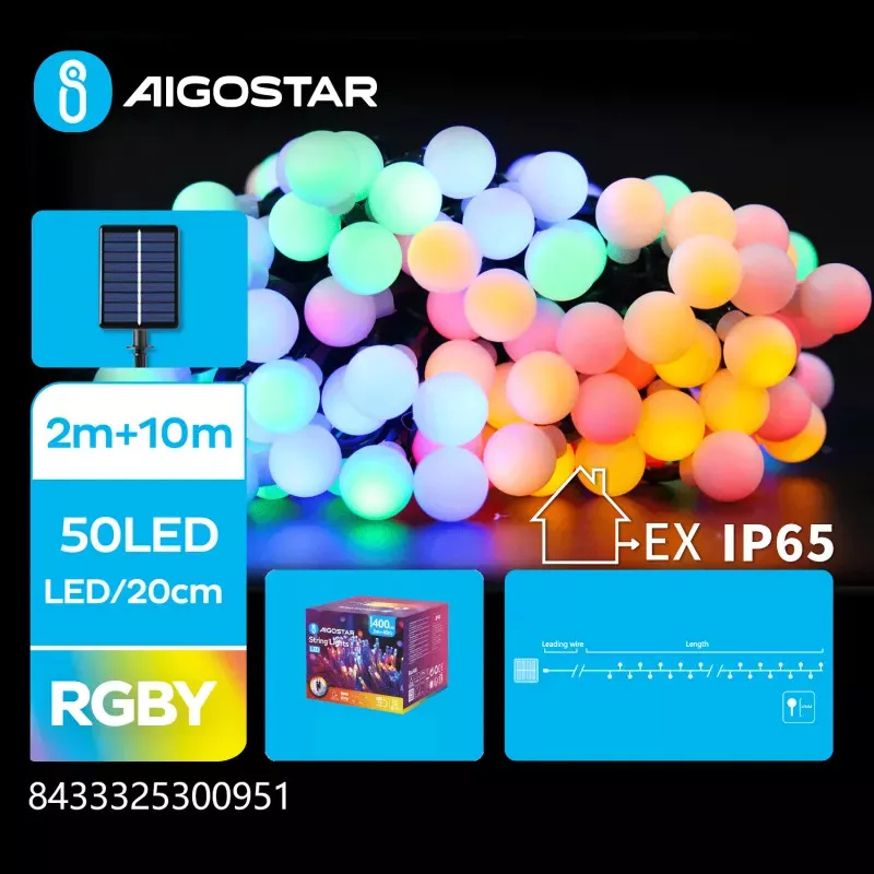 Solarna taśma świetlna mleczne żarówki, RGBY, 2m + 10m - 8433325300951