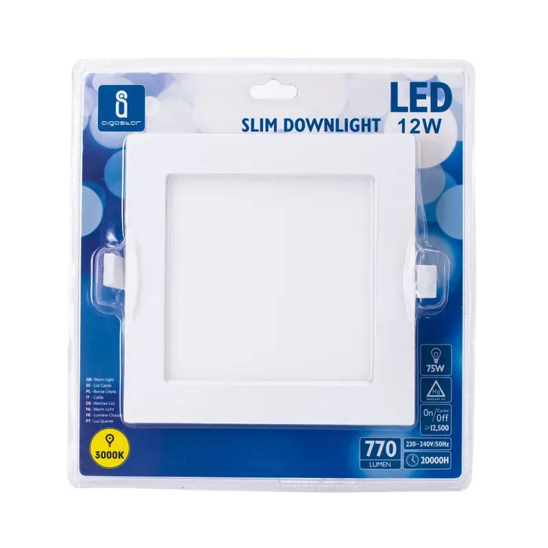 Ultracienki downlight LED E6 12W kwadratowy 160° 3000K ciepły - 8433340005008