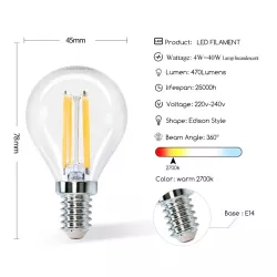 Żarówka LED Filament 4w/230V przezroczysta ciepła kulka G45 E14 470lm - 8433325196134