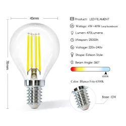 Żarówka LED Filament 4W/230V przezroczysta zimna kulka G45 E14 470lm - 8433325196141