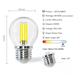 Żarówka LED Filament E27 6W/230V przezroczysta zimna kulka G45 729lm - 8433325196202