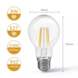 Żarówka LED Filament E27 8W/230V przezroczysta ciepła klasyczna 950lm - 8433325196271