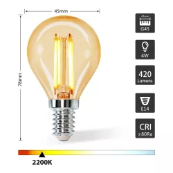 Żarówka LED 4W/230V Filament kulka G45 E14 barwa bursztynowa 400lm - 8433325196295