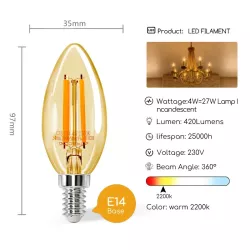 Żarówka świecowa LED 4W/230V Filament C35 E14 barwa bursztynowa 400lm - 8433325196370