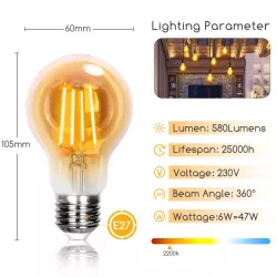 Żarówka LED 6W/230V Filament A60 E27 barwa bursztynowa 600lm - 8433325196417