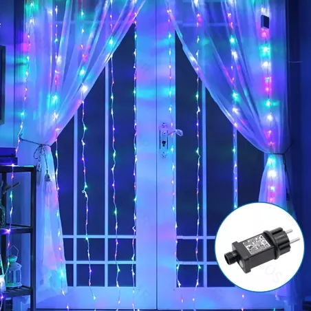 Kurtyna świetlna 3x3m 300 kolorowych lampek na 10 paskach z zasilaczem - 8433325300142