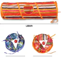 Tunel dla kota 90x25cm z tkaniny w paski z dzwoniącą kulką na sznurku - 8719138027903