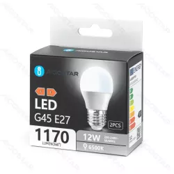 Żarówka LED 12W 6500K 1170lm biała zimna kulka G45 E27 opak. 2szt - 8433325388140