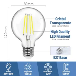 Żarówka LED 4W/230V Filament kula G80 E27 barwa biała zimna 470lm - 8433325198978