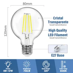 Żarówka LED 6W/230V Filament kula G80 E27 barwa biała zimna 750lm - 8433325198992