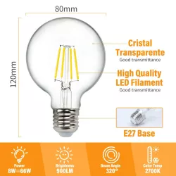 Żarówka LED 8W/230V Filament kula G80 E27 barwa biała ciepła 880lm - 8433325199005