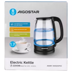 Szklany czajnik elektryczny Adam 1,7l 2200W z niebieskim podświetleniem - 8433325295936