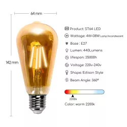 Żarówka LED 4W/230V Filament ST64 retro E27 barwa bursztynowa 400lm - 8433325199142