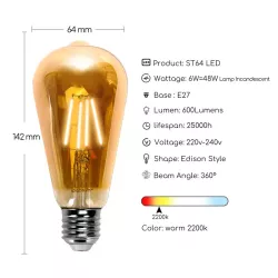 Żarówka LED 6W/230V Filament ST64 retro E27 barwa bursztynowa 600lm - 8433325199159