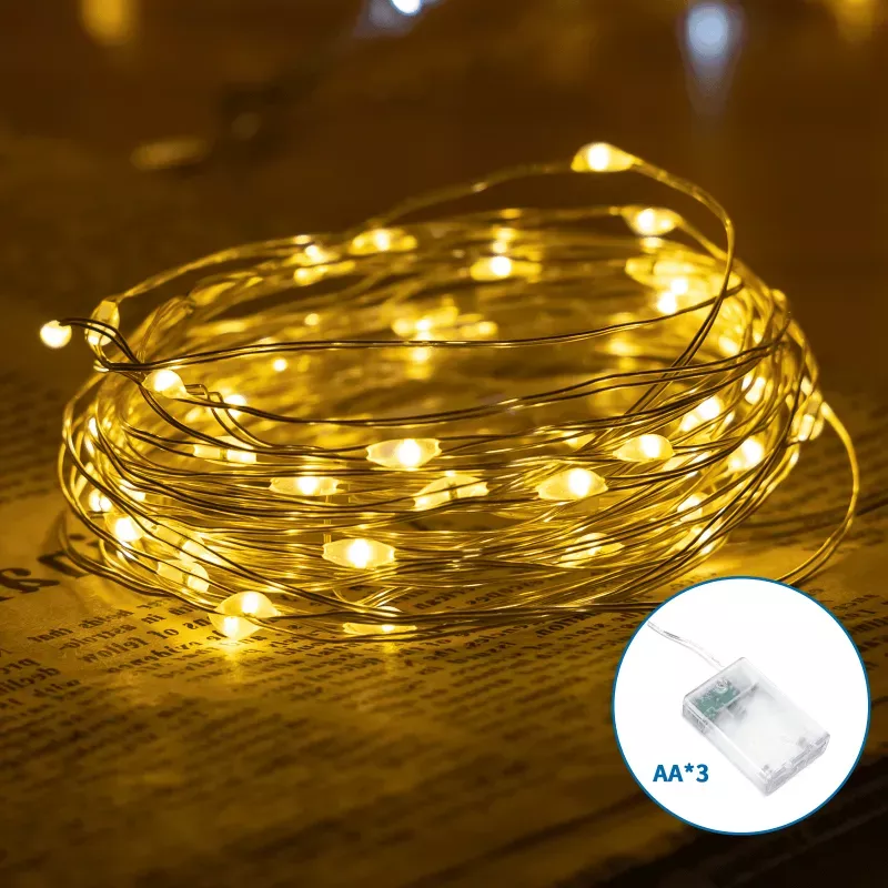 Taśma świetlna z drutu miedzianego na 3 baterie AA, Ciepła biel, - 8433325307707