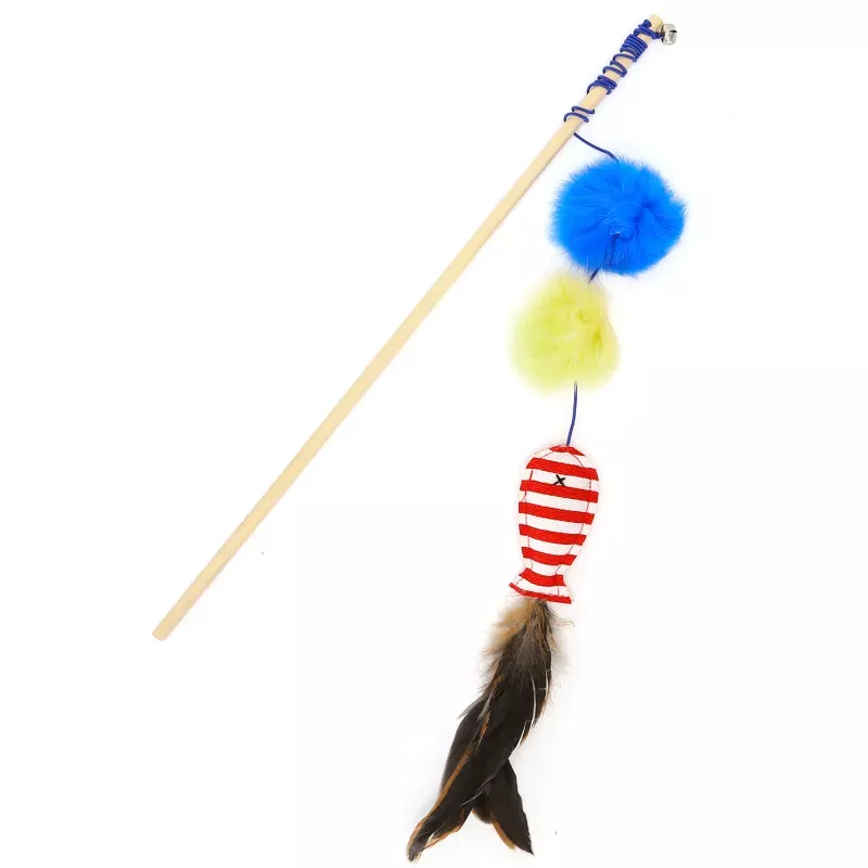 Patyk do zabawy z kotem z niebieską i żółtą kulką oraz rybką z piórkowym ogonkiem, L45cm - 8719138049165