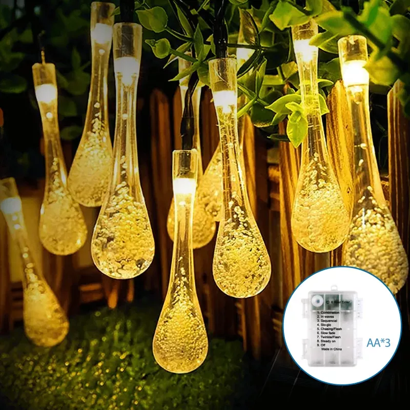 Taśma świetlna krople deszczu na 3 baterie AA, Ciepła biel, 2,5m - 8433325298593