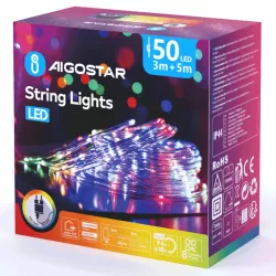 Wężyk led 5mb kolorowy sznur 50 led RGBY Φ5mm z zasilaczem 8 funkcji - 8433325307295