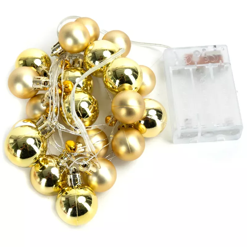 Lampki choinkowe 2m/20 led na 3 baterie AA duże i małe złote bombki - 8433325413644