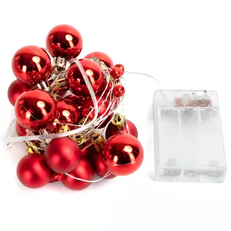 Lampki choinkowe 2m/20 led na 3 baterie AA duże i małe czerwone bombki - 8433325413651