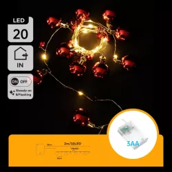 Lampki choinkowe 2m/20 led na 3 baterie AA duże i małe czerwone bombki - 8433325413651