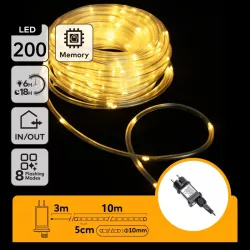 Wąż led 10mb sznur 200 led ciepłych led Φ10mm z zasilaczem 8 funkcji - 8433325003036