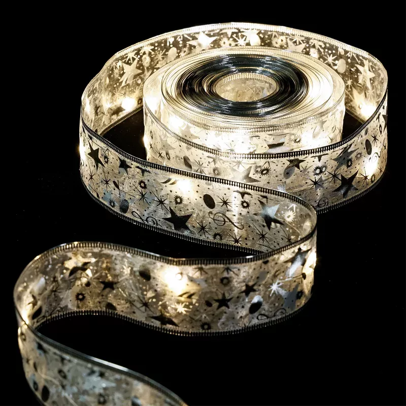 Szarfa choinkowa 5m w gwiazdki led na baterie AA kokarda chłodna biel - 8433325413576