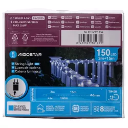 Węż led Φ5mm 15m sznur 150 led biały zimny z zasilaczem 8 funkcji - 8433325381769