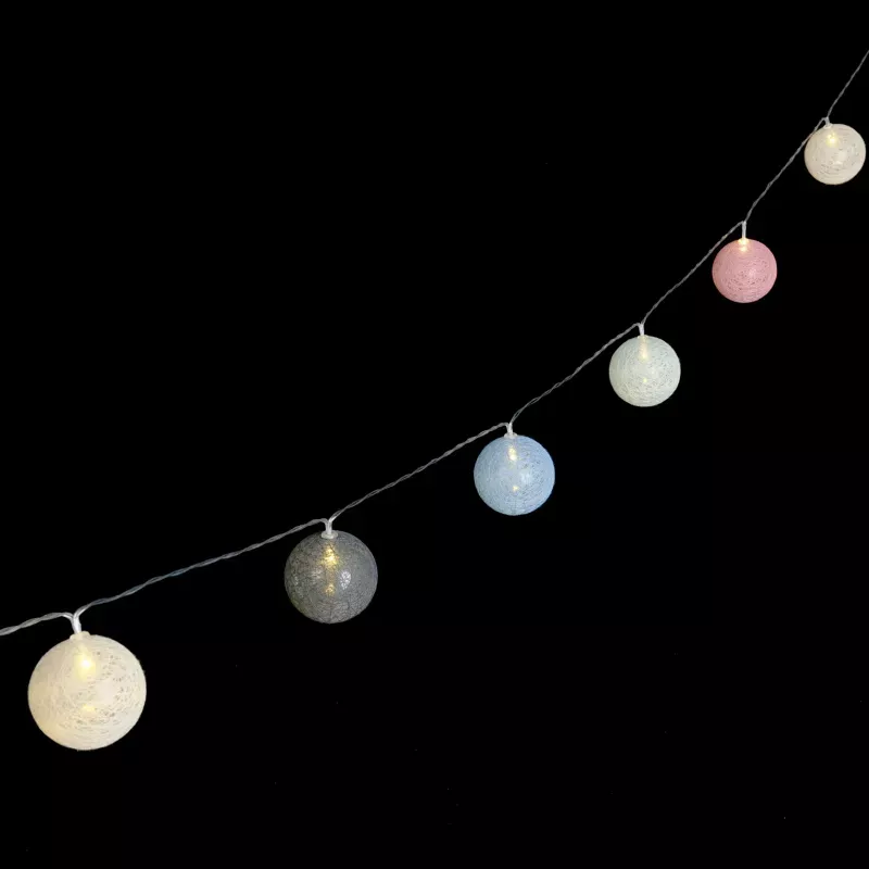 Bawełniane kule girlanda 10 pastelowych lampek 2 m długości na baterie - 8433325413385