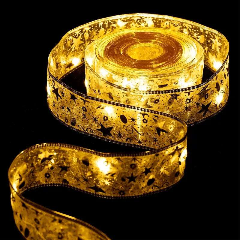 Szarfa choinkowa 10 m na 3 baterie AA złota w gwiazdki 5 cm ciepła - 8433325413545