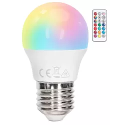 Żarówka LED G45 E27 4.8W RGB+3000K kolorowa i ciepła kulka z pilotem - 8433325418458
