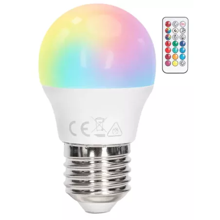 Żarówka LED G45 E27 4.8W RGB+3000K kolorowa i ciepła kulka z pilotem - 8433325418458