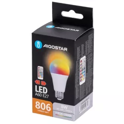 Żarówka LED A60 E27 8W RGB+3000K 806lm kolorowa i ciepła z pilotem IR - 8433325418328