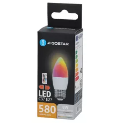 Żarówka LED świeczka C37 E27 6W RGB+3000K kolorowa ciepła z pilotem - 8433325418502