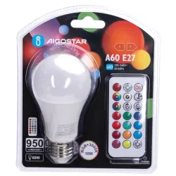 Żarówka LED A60 E27 10W RGB+3000K 950lm kolorowa i ciepła z pilotem IR - 8433325418335