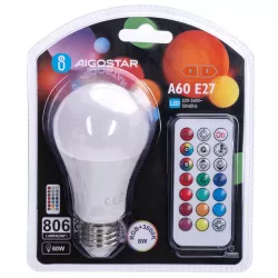 Żarówka LED A60 E27 8W RGB+3000K 806lm kolorowa i ciepła z pilotem IR - 8433325418311