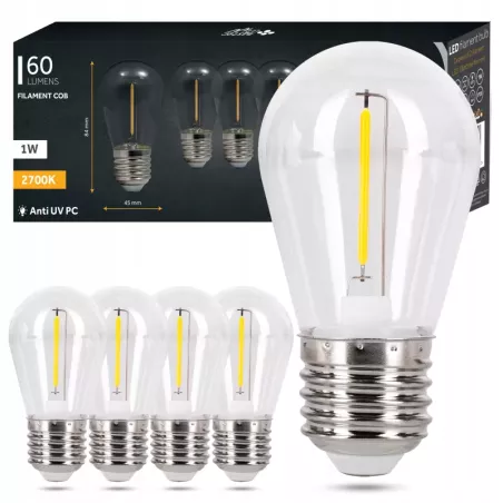 5x Żarówka LED E27 FILAMENT 1W biały ciepły 2700K edison do girland-5904703001256