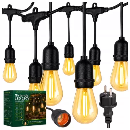 Girlanda Ogrodowa Świetlna 20M 20X Żarówka LED E27 + Przewód Wodoszczelna-5904703028963