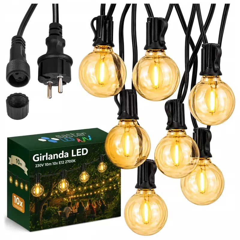 Girlanda Ogrodowa Świetlna 10M 10X Żarówka LED E12 + Przewód Wodoszczelna-5904703028864