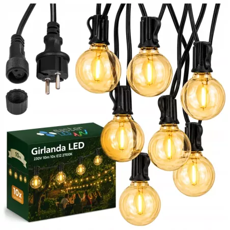 Girlanda Ogrodowa Świetlna 10M 10X Żarówka LED E12 + Przewód Wodoszczelna-5904703028864