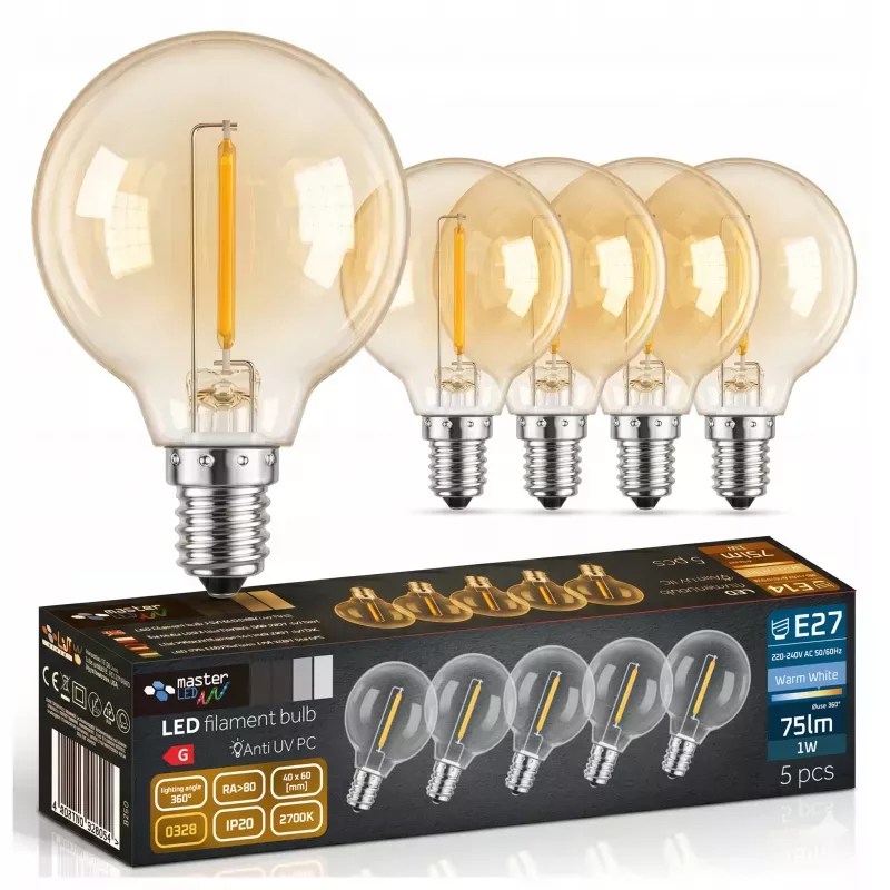 5x Żarówka LED E12 G40 FILAMENT 230V 1W ciepły 2700K edison do girland-5904703028994