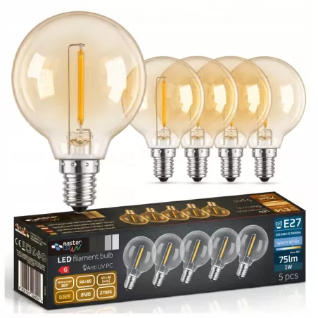 5x Żarówka LED E12 G40 FILAMENT 230V 1W ciepły 2700K edison do girland-5904703028994