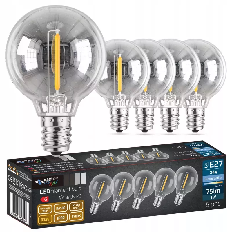 5x Żarówka LED E12 G40 FILAMENT 24V 1W ciepły 2700K edison do girland-5904703028987