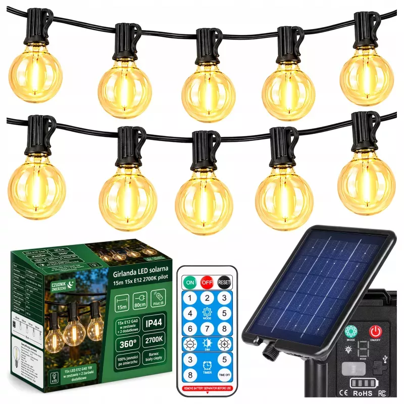 Girlanda Solarna Ogrodowa Świetlna 15M 15X Żarówka LED E12 Pilot Ściemniana-5904703028925