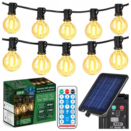 Girlanda Solarna Ogrodowa Świetlna 15M 15X Żarówka LED E12 Pilot Ściemniana-5904703028925