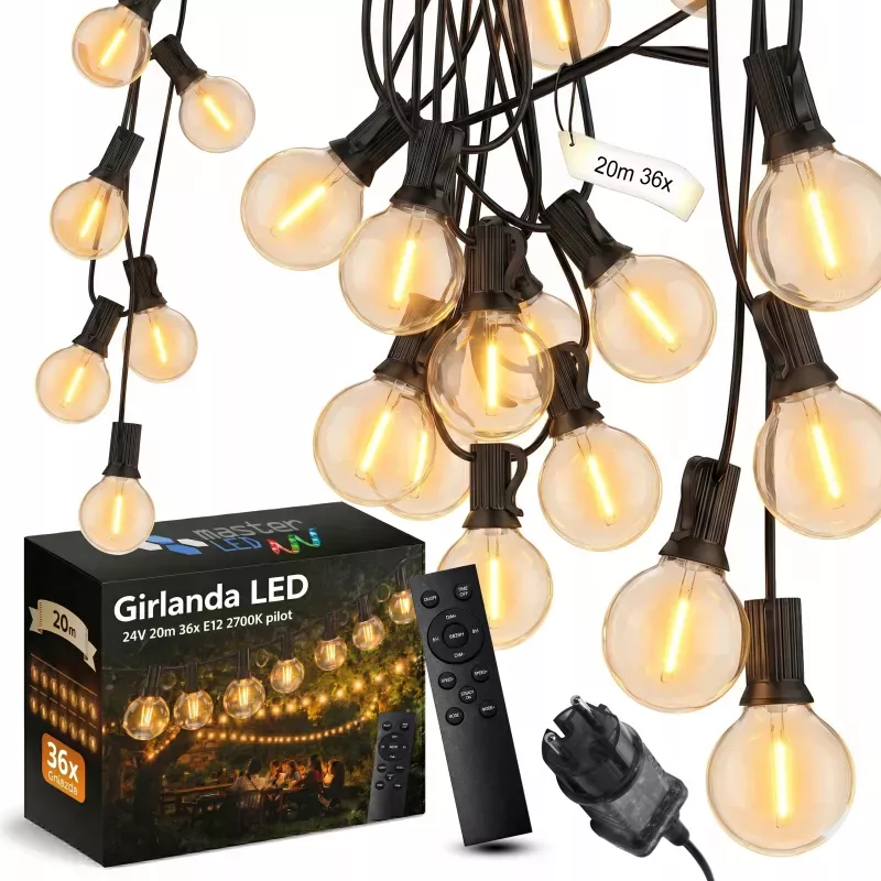 Girlanda Ogrodowa Świetlna 20M 36X Żarówka LED E12 + Przewód Wodoszczelna - 5904703028901