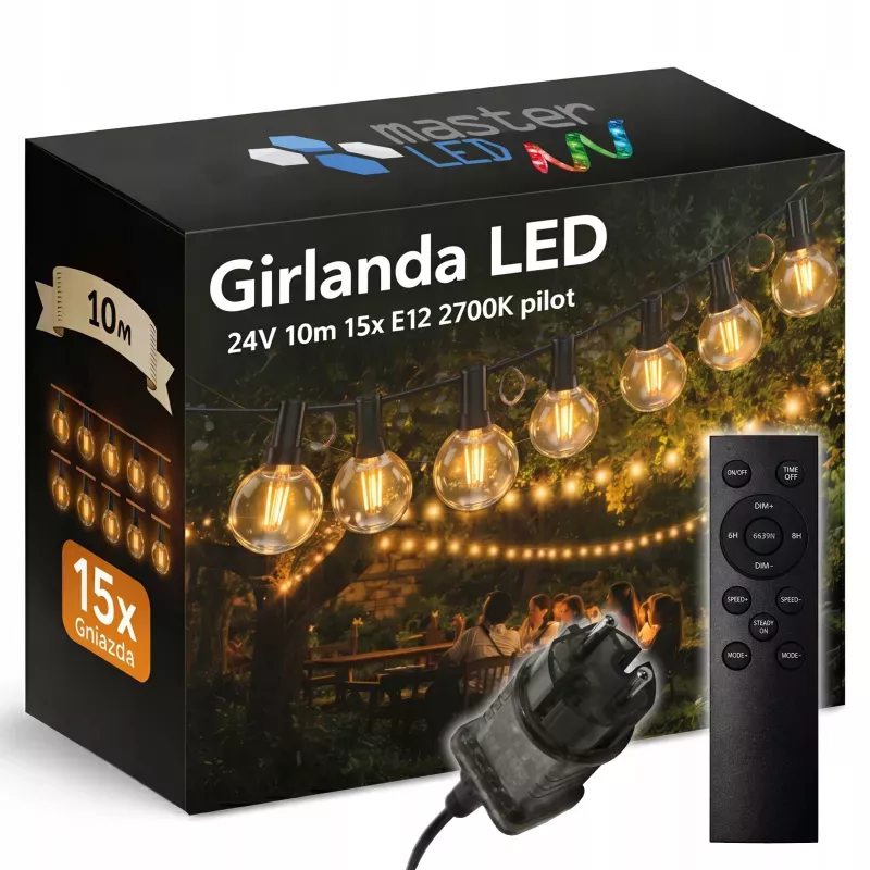 GIRLANDA OGRODOWA ŚWIETLNA Masterled 10 m 15 Żarówek E12 Wodoodporna-5904703028888