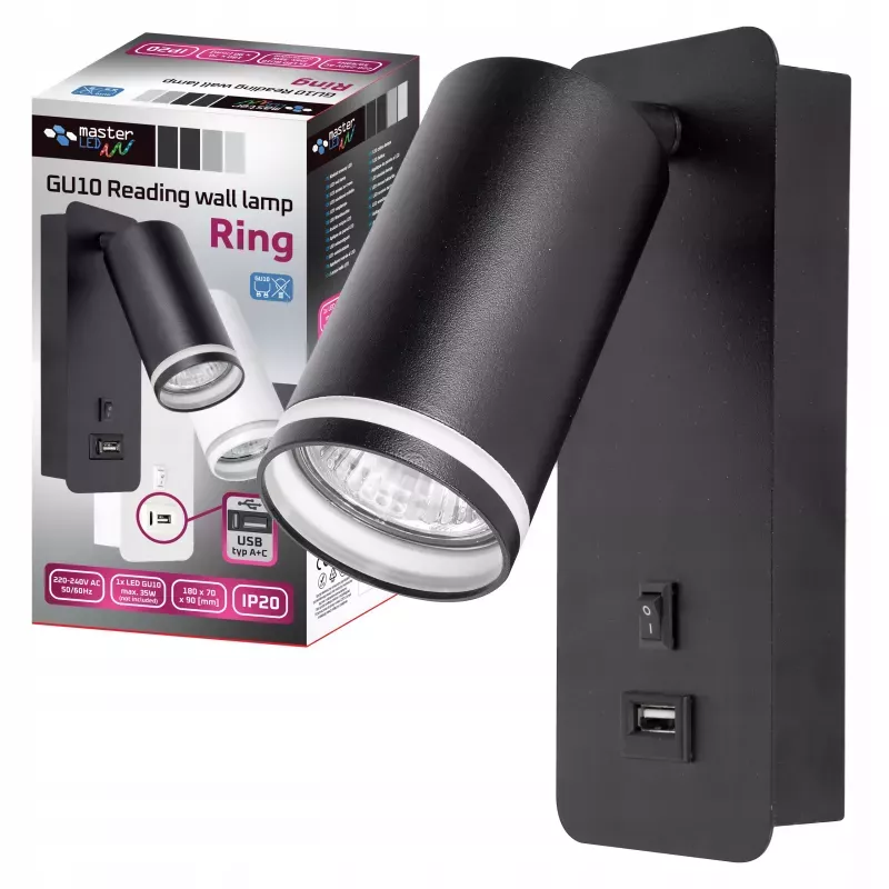 Lampka do czytania NOCNA Kinkiet ścienny LED GU10 Z USB C czarna-5904703001843