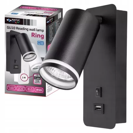 Lampka do czytania NOCNA Kinkiet ścienny LED GU10 Z USB C czarna-5904703001843