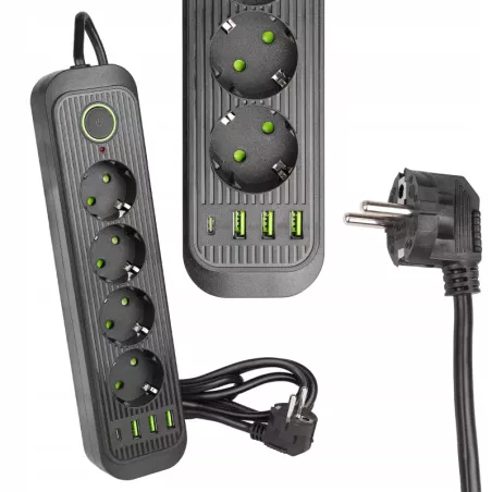 Przedłużacz listwa 2m zasilająca 4x USB UZIEMIENIE 4 GNIAZDA CZARNY 3x1MM-5904703013747